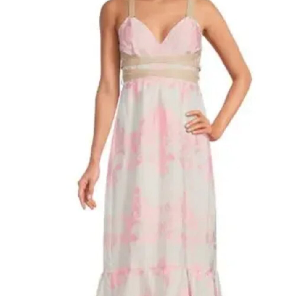 A Loves A‎ Embroidered Voile V-Neck Vegan Leather Tie Strap Smocked Maxi Dress M